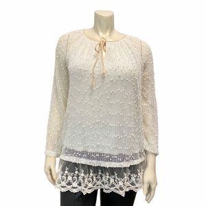 EASEL Med White Lace Peplum Blouse Swiss Dot Top